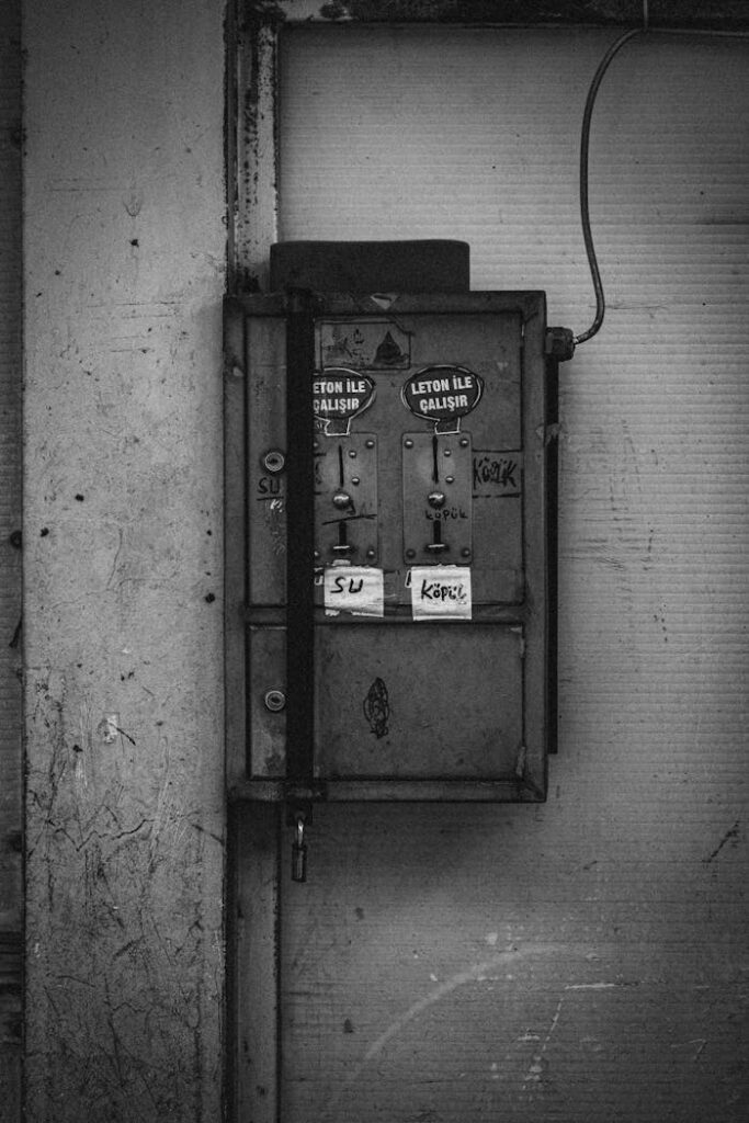 Black and white photo of a vintage industrial fuse panel against an old wall, showcasing urban decay.